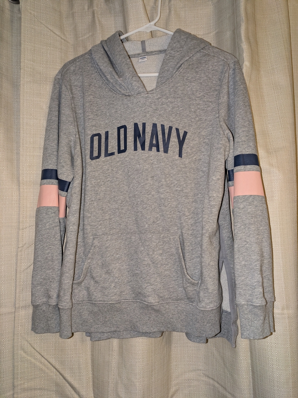 Old Navy Gray Hoodie with Pink & Navy Sleeve Stripes